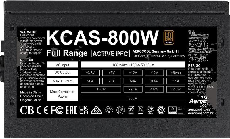 Fonte Gamer Atx 800W Kcas Pfc Ativo 80 Plus Bronze Aerocool Imagem de Fonte Gamer Atx 800W Kcas Pfc Ativo 80 Plus Bronze Aerocool