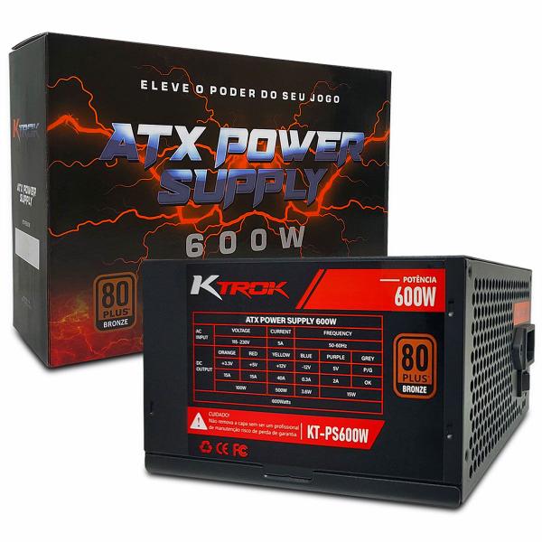 Imagem de Fonte Gamer ATX Ktrok 600W, 80 Plus Bronze, PFC Ativo, Bivolt Automático - KT-PS600W