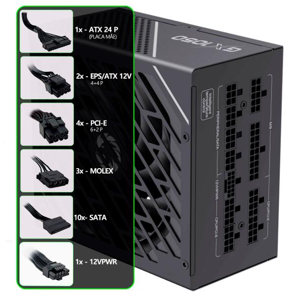Fonte Gamer Gamemax GX1050 PRO, 1050W, 80 Plus Platinum, PFC Ativo, Full Modular, PCI-E 5.0 - Preto Imagem de Fonte Gamer Gamemax GX1050 PRO, 1050W, 80 Plus Platinum, PFC Ativo, Full Modular, PCI-E 5.0 - Preto