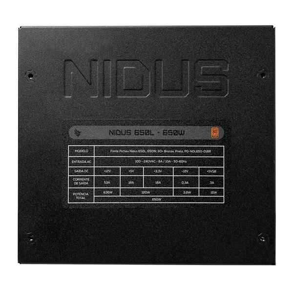 Imagem de Fonte Pichau Nidus 650L, 650W, 80 Plus Bronze, Preto, PG-NDL650-01BR