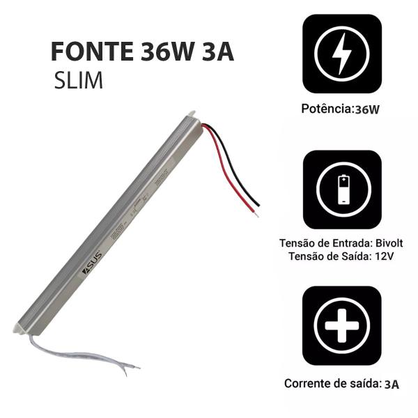 Imagem de Fonte Slim Bivolt 36W Drive 12V 3A Perfil Fita Led IP20 Lustre Luminaria Potente