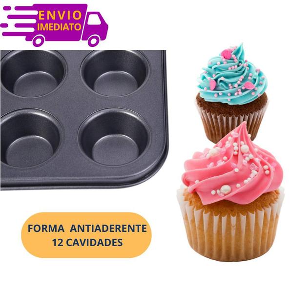 Imagem de Forma Assadeira Cupcake Não Gruda Pão de Queijo Muffim Bolinho Empada 12 Cavidades Antiaderente