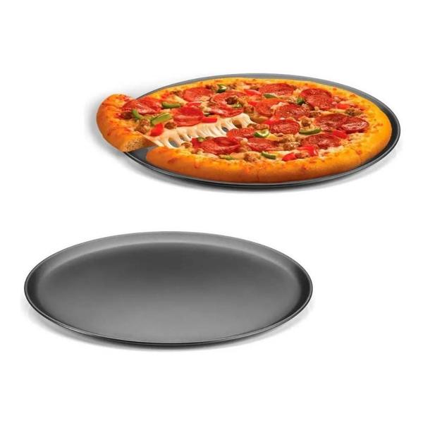 Imagem de Forma Assadeira Para Pizza Gourmet Antiaderente Bandeja Aço Carbono Borda Redonda Cozinha Assar