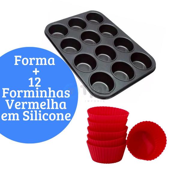 Imagem de Forma Cupcake Antiaderente + 12 Forminhas Silicone Kit Assadeira Teflon