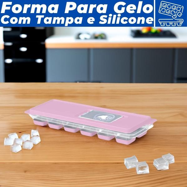 Imagem de Forma De Gelo Silicone Com Tampa Plástica Retangular Lavável Multiuso 12 Cubos