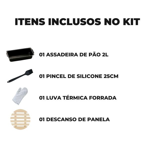 Imagem de Forma de Pão Retangular Grande Antiaderente 2L + Luva Térmica + Pincel Preto + Descanso de Panela Redondo