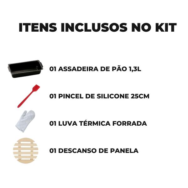 Imagem de Forma de Pão Retangular Média Antiaderente 1,3L + Luva Térmica + Pincel Vermelho + Descanso de Panela Redondo