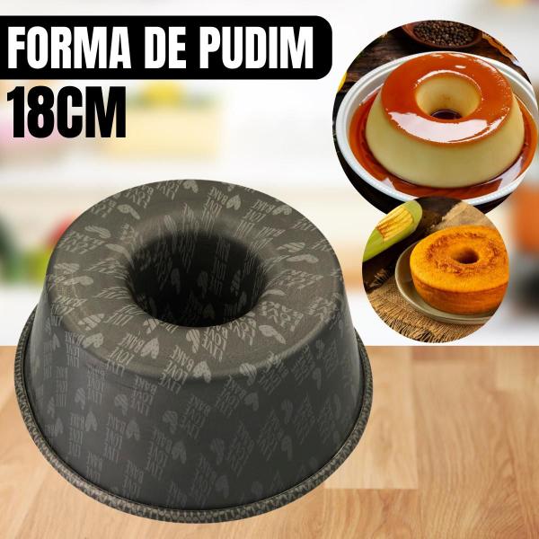 Imagem de Forma de Pudim Banho Maria Bolo Redonda 18cm Cinza Assadeira Antiaderente Resistente Reforçada Cozinha