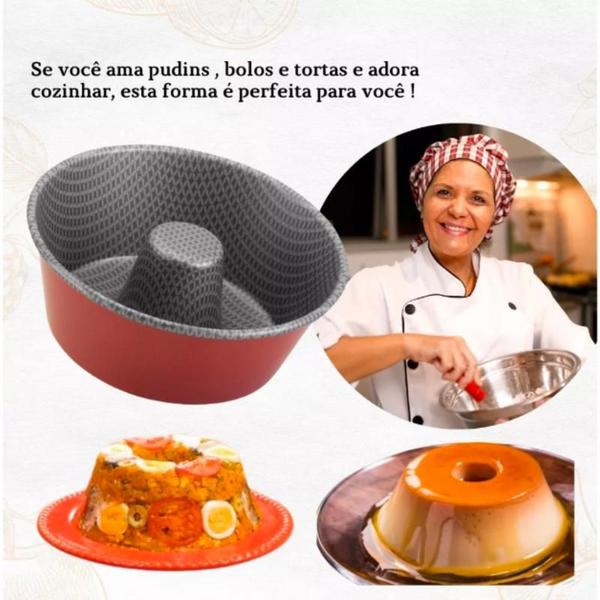 Imagem de Forma de Pudim Redonda 18cm Alumínio Ergonômica Sobremesas Cozinha Versátil Profissional Tubo Com Furo Vazada