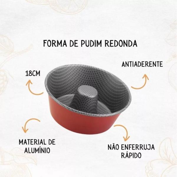 Imagem de Forma de Pudim Redonda 18cm Vermelha Antiaderente Resistente Ergonômica Sobremesas Cozinha Versátil Profissional Tubo