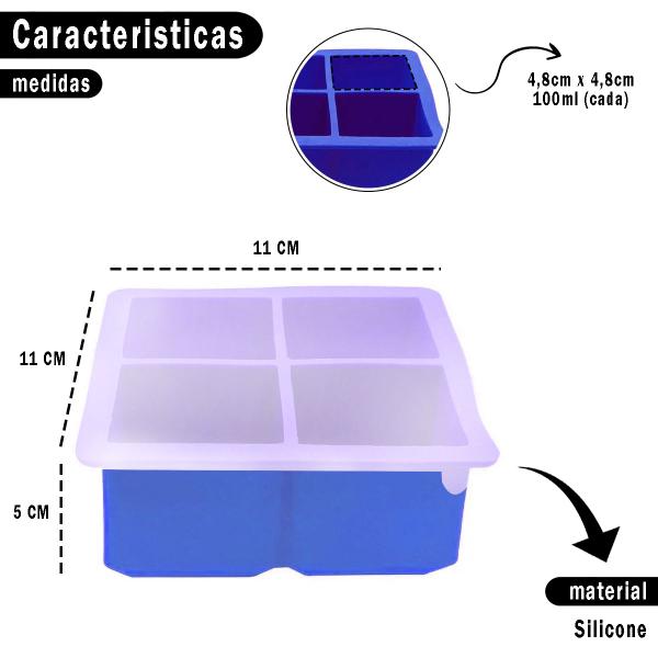 Imagem de Forma de Silicone Para Gelo 4 Cavidades Formato Quadrado Moderno Com Tampa Ideal Para Drinks Bebidas Caipirinhas- PF04