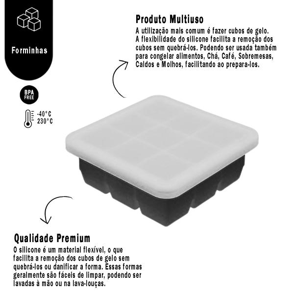 Imagem de Forma de Silicone Para Gelo 9 Cavidades Formato Quadrado Moderno Com Tampa Ideal Para Drinks Bebidas Caipirinha PF03