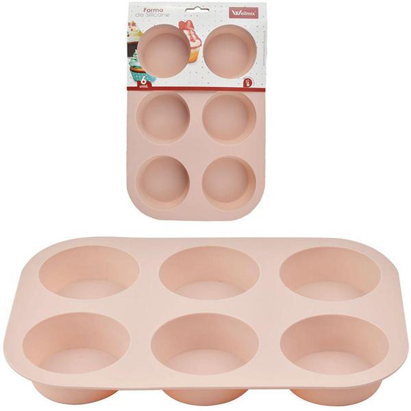 Imagem de Forma de silicone retangular para cupcake com 6 cavidades rosa 25,5x17,5cm - WELLMIX