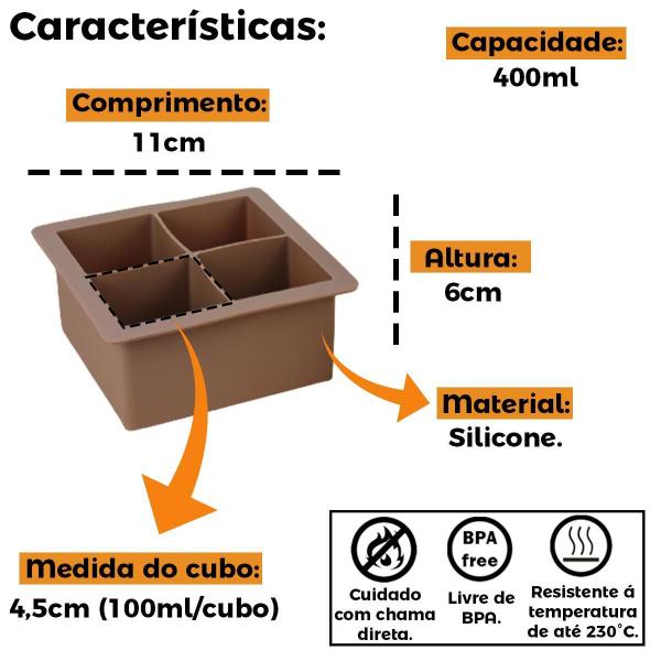 Imagem de Forma Gelo Em Silicone Marrom Tampa Quadrada 4 Cubos Grandes