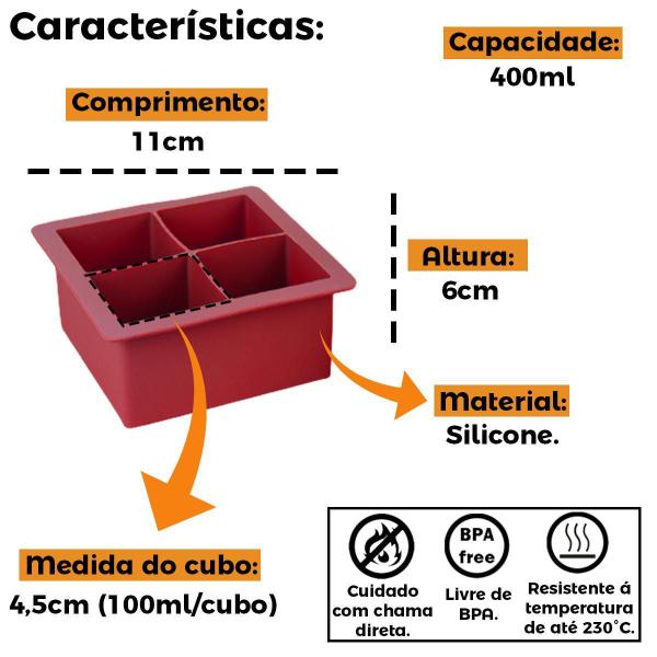 Imagem de Forma Gelo Em Silicone Vermelho Tampa Quadrada 4 Cubos