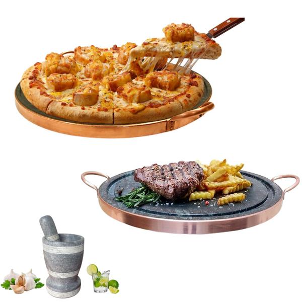 Imagem de Forma Para Pizza 27cm + Grelha 37cm Pedra Sabão + Pilão Alto Curado