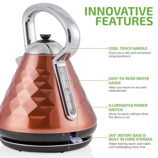 Imagem de Forno Chaleira Elétrica Caldeira de Água Quente Aço Inoxidável 1.7 L Shut-Off Automático 1500W Cleo Collection Cool Touch Handle Portable Brew Coffee Maker Tea Heater w / Ferver Proteção a seco, Cobre KS755CO