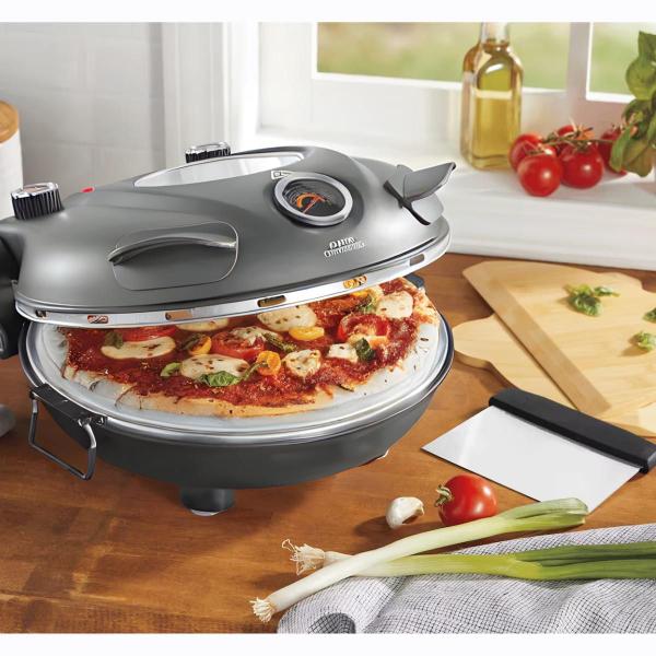 Imagem de Forno de pizza elétrico completo Italiano para cozinhar em casa com a família Grafite 220V para assar pães e tortas com prato de cerâmica e Duplo controle de Temperatura superior e inferior 430C