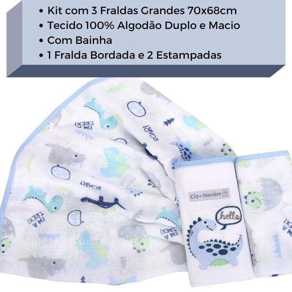 Imagem de Fralda Bordada Bebê de Ombro 70x68cm Kit 3 Un. Com Bainha Cia Estampada - Minasrey Azul