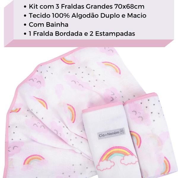 Imagem de Fralda Bordada Bebê de Ombro 70x68cm Kit 3 Un. Com Bainha Cia Estampada - Minasrey Rosa