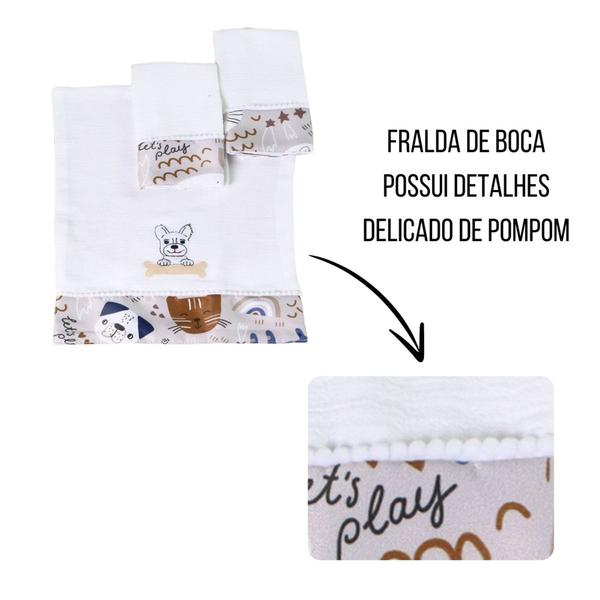 Imagem de Fralda de Boca Bordada Estampada Para Bebês Menina Menino 03 Peças