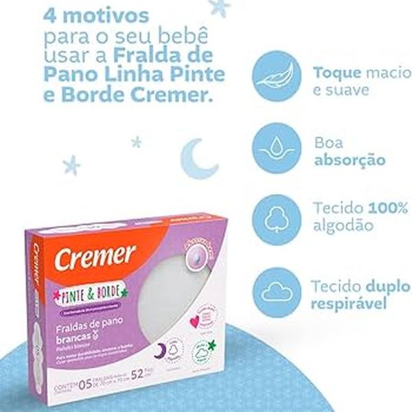 Imagem de Fralda de Pano Branca Bebe Pinte e Borde Cremer Luxo 5 Peças Tecido Duplo Respirável