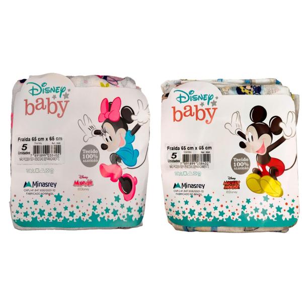 Imagem de Fralda de Pano Disney Mickey e Minnie C/5 Unidades 65cmx65cm