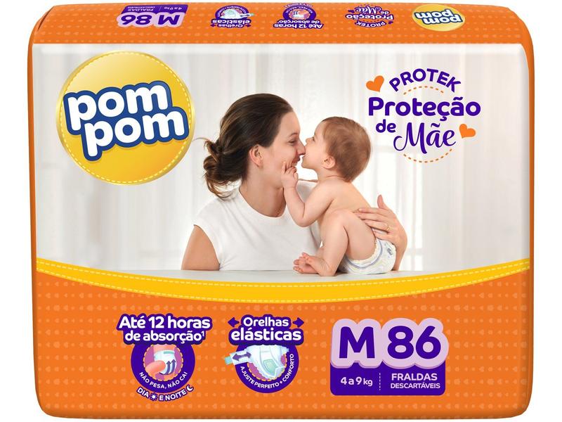 Fralda Descartável Bebê Pom Pom Derma Protek Proteção De Mãe 4 a 9KG Tamanho M 86 Tiras