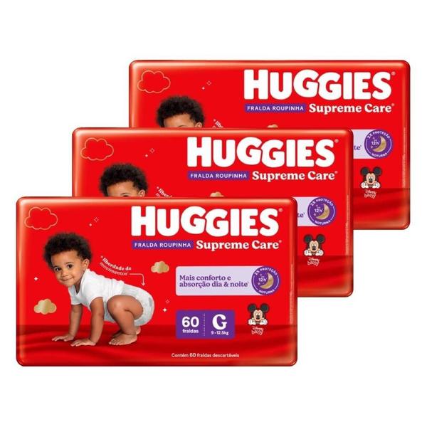 Imagem de Fralda Descartável Huggies Hiper Roupinha Supreme Care Tamanho G - 3 Pacotes com 60 Fraldas - Total 180 Tiras