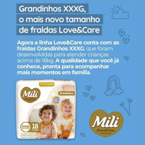 Imagem de Fralda Descartável Mili Love & Care 6 Pacotes c/ 18 (total: 108 fraldas)  Tam: XXXG - Grandinho