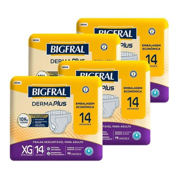 Imagem de Fralda Geriátrica Bigfral Derma Plus Tamanho XG - 4 Pacotes com 14 Fraldas - Total 56 Tiras