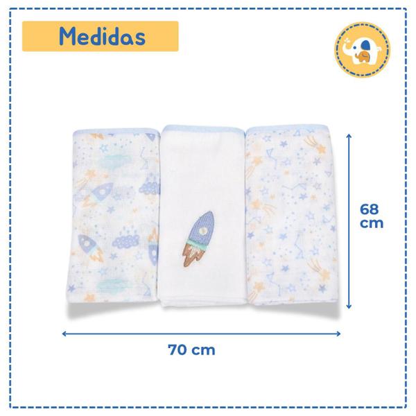 Imagem de Fralda Pano Bordada e Estampada C/3 Unidades 70x68 Cm Avião