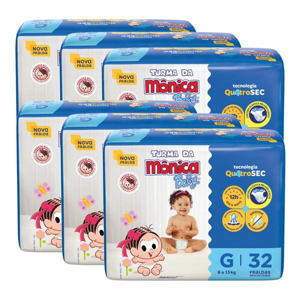 Fralda Turma da Mônica Baby Economica 6 Pacotes Tamanho G Com 32 Unidades Cada Imagem de Fralda Turma da Mônica Baby Economica 6 Pacotes Tamanho G Com 32 Unidades Cada
