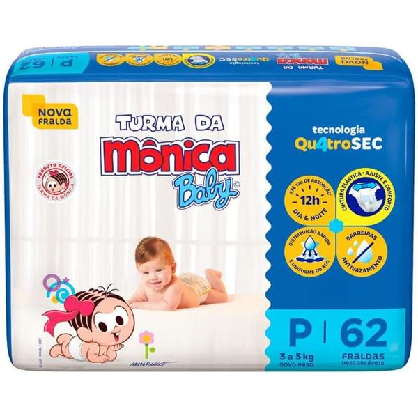 Imagem de Fralda Turma da Mônica Baby Mega Tamanho P - Pacote com 62 Fraldas Descartáveis - 4 unidades