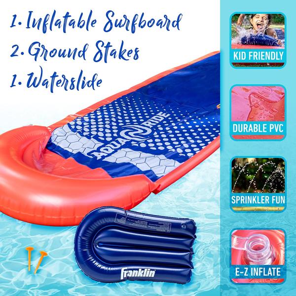 Franklin Sports Aqua Ride Kids Backyard Waterslide - Aqua Ride 25' Foot Lawn Water Sliding Mat + (1) Inflável Surf Board - Outdoor Kids Water Toy Imagem de Franklin Sports Aqua Ride Kids Backyard Waterslide - Aqua Ride 25' Foot Lawn Water Sliding Mat + (1) Inflável Surf Board - Outdoor Kids Water Toy