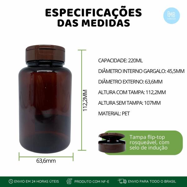 Imagem de Frasco 220ml Para Comprimidos Cor Ambar Kit 10 Unidades