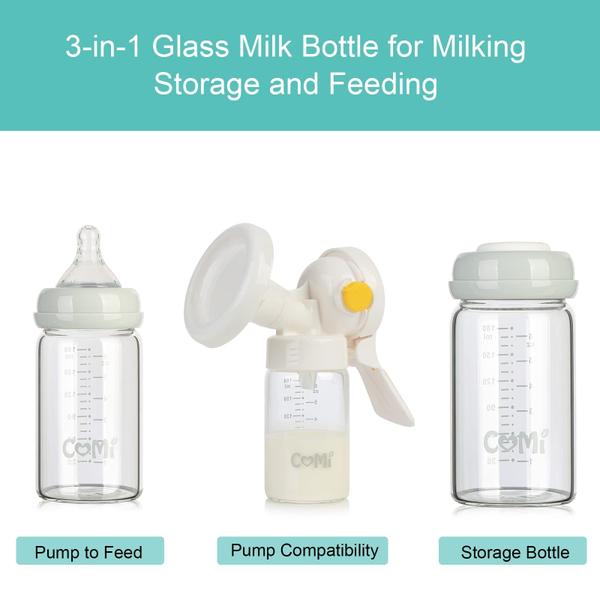 Frasco de leite materno COMI Wide Neck Glass 180 ml (pacote com 2 tampas cinza) Imagem de Frasco de leite materno COMI Wide Neck Glass 180 ml (pacote com 2 tampas cinza)