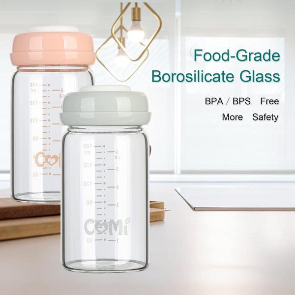 Frasco de leite materno COMI Wide Neck Glass 180 ml (pacote com 2 tampas cinza) Imagem de Frasco de leite materno COMI Wide Neck Glass 180 ml (pacote com 2 tampas cinza)