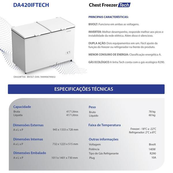 Imagem de Freezer Refrigerador Inverter Horizontal Dupla Ação +8 a -22ºc 417l Da420if Tech Bivolt - Metalfrio