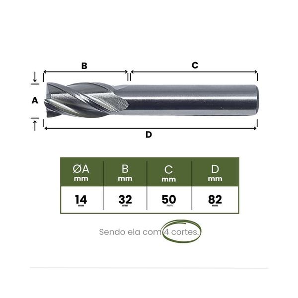 Imagem de Fresa de Topo 14mm Haste Cilíndrica 4 Cortes