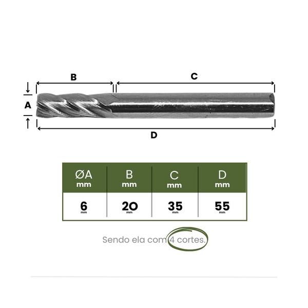 Imagem de Fresa de Topo 6mm Haste Cilíndrica 4 Cortes