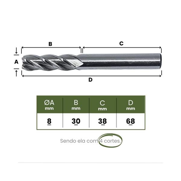 Imagem de Fresa de Topo 8mm Haste Cilíndrica 4 Cortes