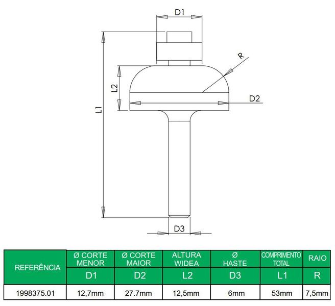 Imagem de Fresa Decoração Raio 7,5mm Rolam. 12,5xh6mm Radix 1998375.01