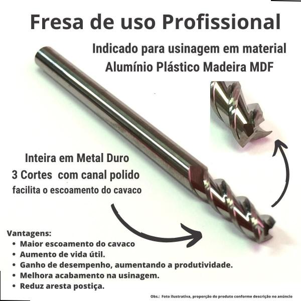 Imagem de Fresa Topo Reto 3 Cortes Alumínio 8,0 x 20 x H 8 x 60 mm Metal Duro Canal Polido