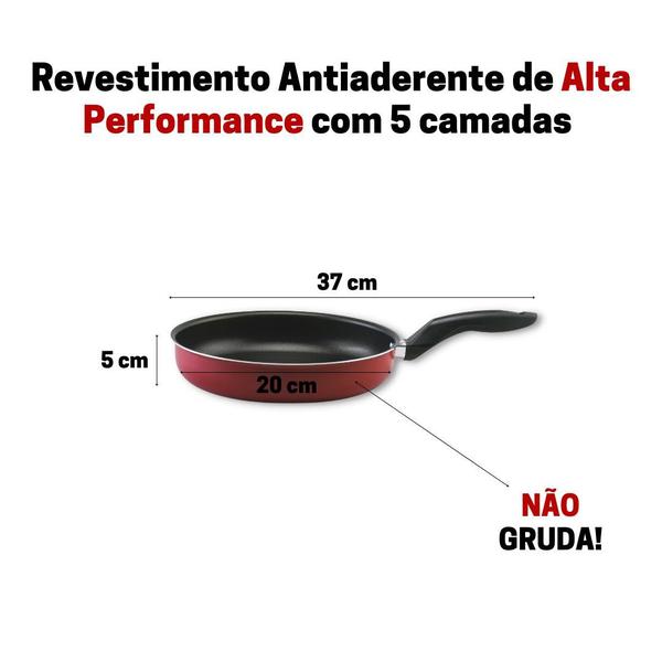 Imagem de Frigideira 20cm Com tampa de Vidro Magnífica Vermelho Com Preto Alumi-Aço Linha Premium J4TECH Alumínio Antiaderente Teflon Ultra Resistente 