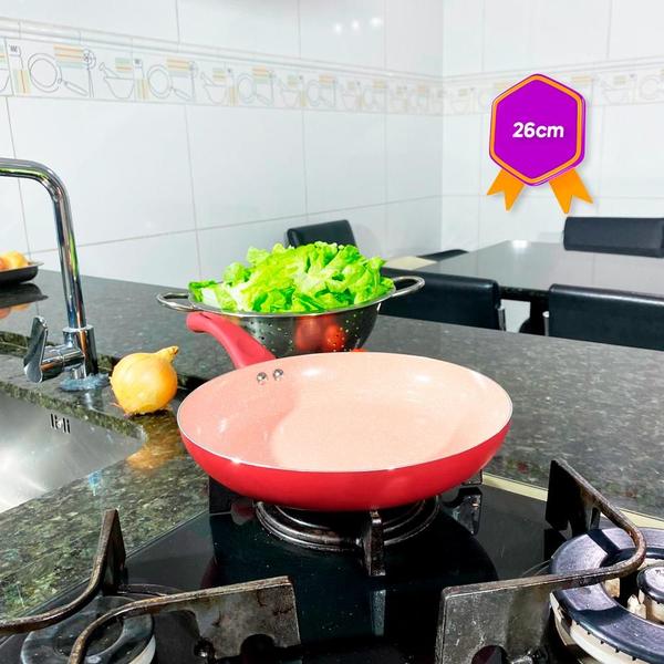 Frigideira 26Cm 1,72Litros Fundo Triplo de Indução Mármore Vermelha - Pratika Imagem de Frigideira 26Cm 1,72Litros Fundo Triplo de Indução Mármore Vermelha