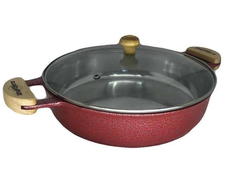 Frigideira Alumínio Vermelho Alça Meia Lua 30cm Tampa Vidro - Diviforte Imagem de Frigideira Alumínio Vermelho Alça Meia Lua 30cm Tampa Vidro