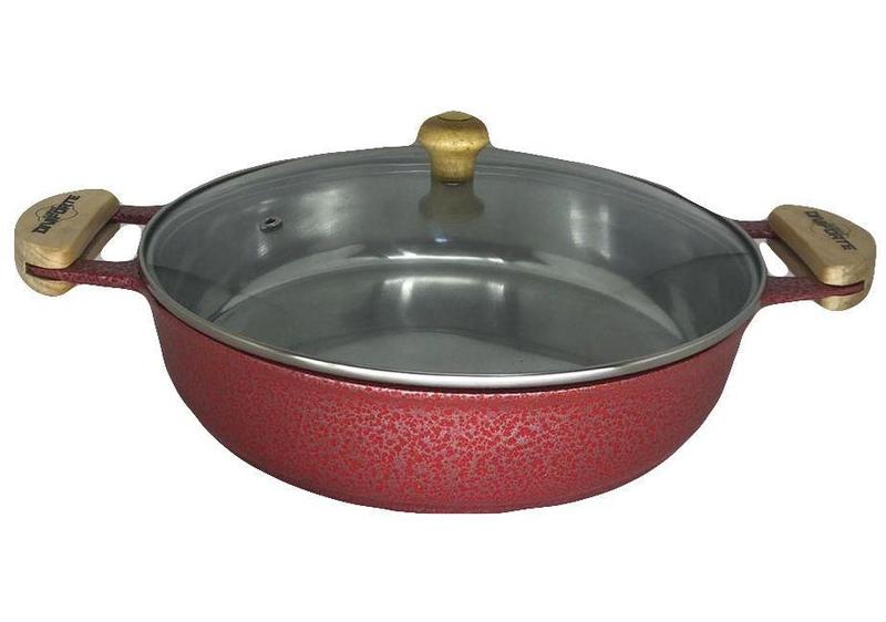 Frigideira Alumínio Vermelho Alça Meia Lua 30cm Tampa Vidro - Diviforte Imagem de Frigideira Alumínio Vermelho Alça Meia Lua 30cm Tampa Vidro