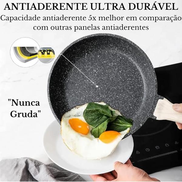 Frigideira Antiaderente 22cm em Alumínio com Revestimento Cerâmico, Frita Sem Óleo, Cabo de Madeira, Não gruda, Ideal pa Imagem de Frigideira Antiaderente 22cm em Alumínio com Revestimento Cerâmico, Frita Sem Óleo, Cabo de Madeira, Não gruda, Ideal pa
