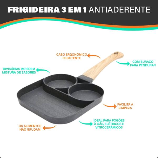 Imagem de Frigideira Antiaderente 3 em 1 Multifuncional Com Divisórias Cabo Ergonômico Fundo Colmeia Ovo Hambúrguer Bife Panqueca